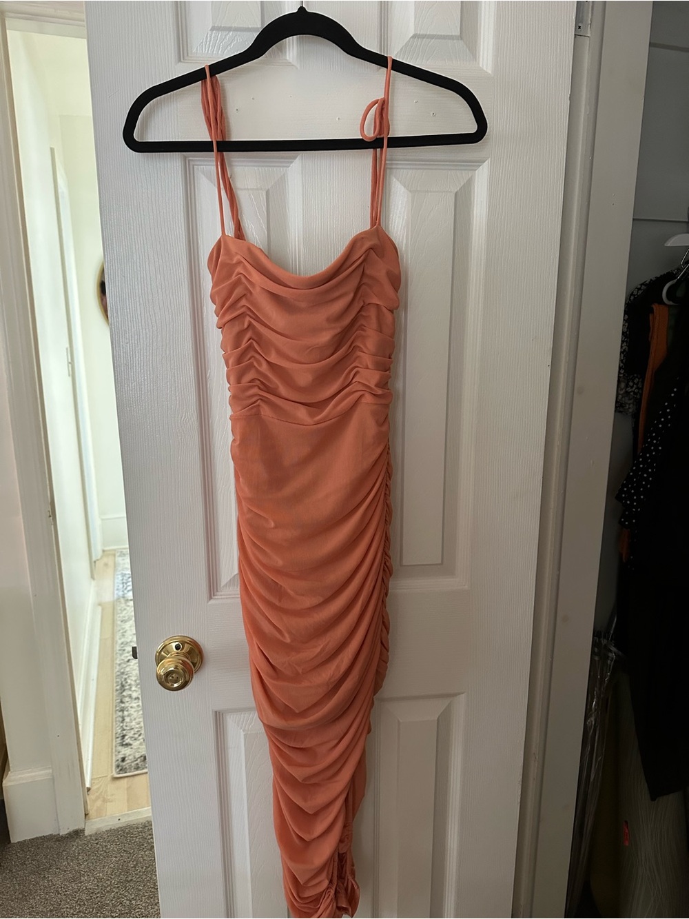 Ruched Cowl Neck Maxi Dress in Peach